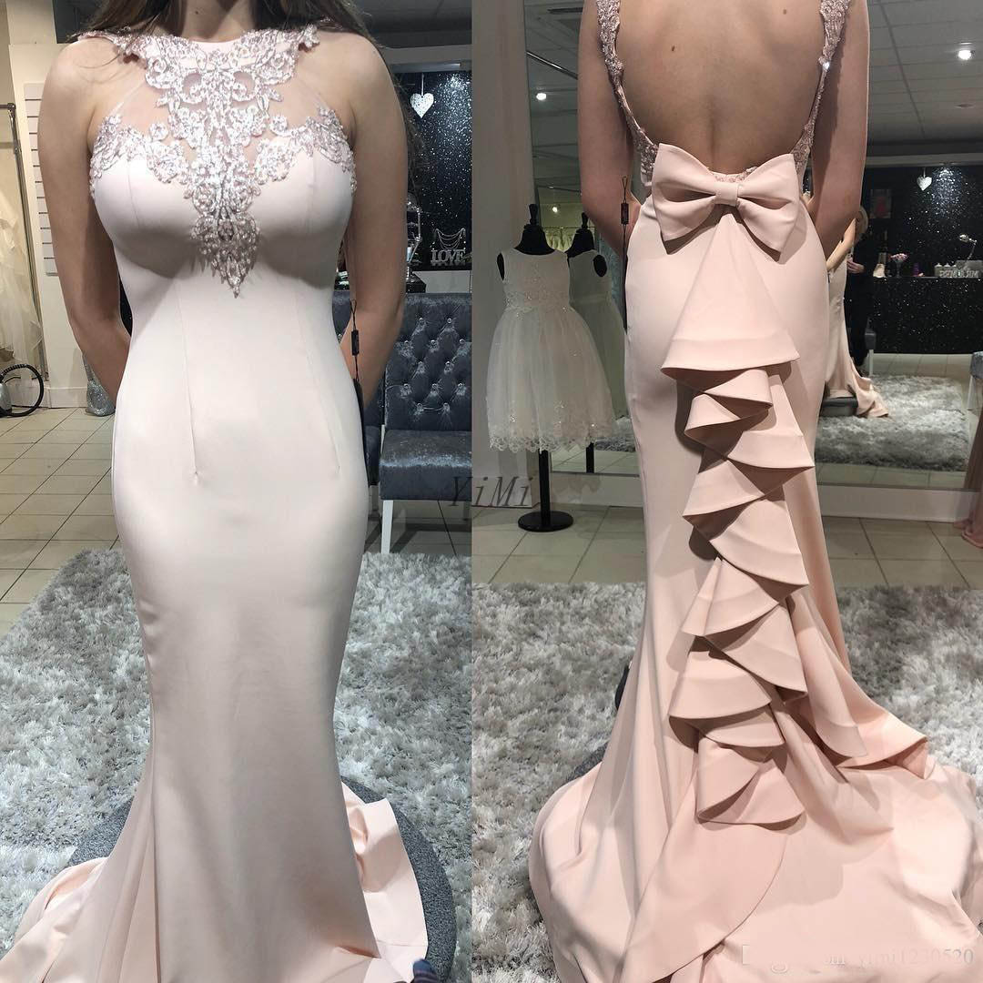 Pink Champagne Mermaid Prom Dresses 2020 Backless Sweep Train Ruffles Appliques Beads Long Formal Evening Party Gowns Special Occasion Dress