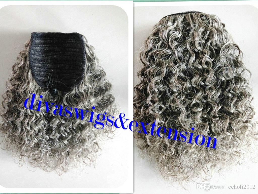 Black white highlights gray ponytail deep curly women hair extension brazilian remy salt&pepper hair clips grey pony tail hairpiece with drawstring 1p