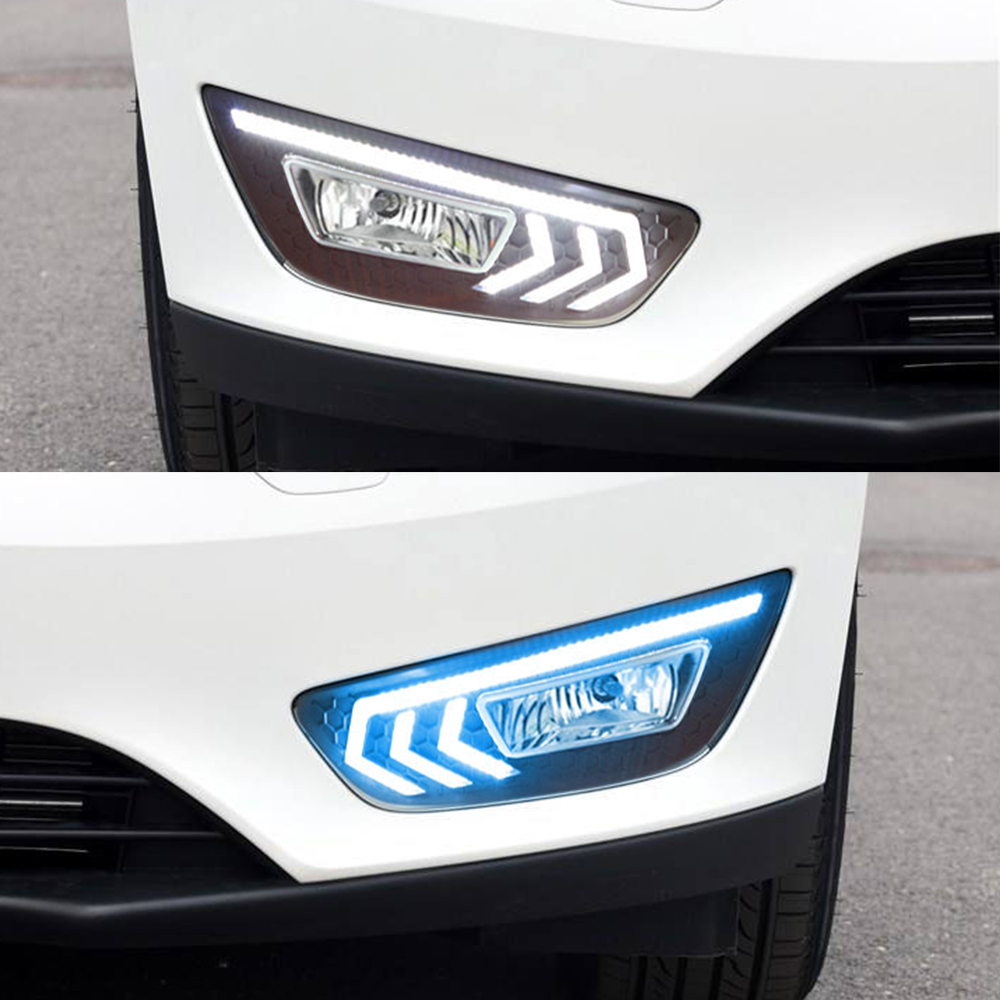 2PCS For Ford Focus 3 mk3 2015 2016 2017 2018 LED DRL daytime running lights daylight with Yellow signal fog lamp