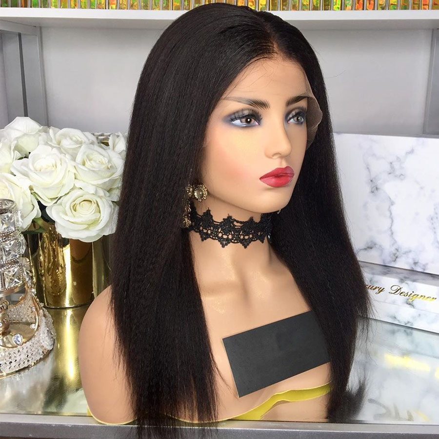 Free shipping Natural Frontal Kinky Straight Brazilian Wig Yaki 150% Density Lace Front Afro Synthetic Wigs For Black Women