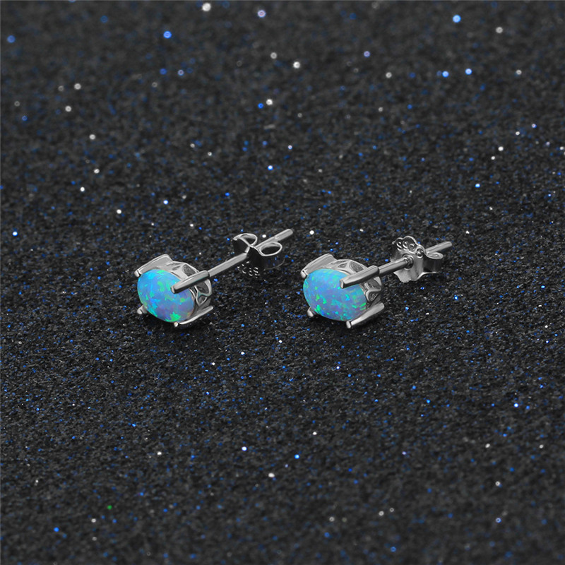 100% 925 Sterling Silver Stud Earrings New Fashion 4mm Oval Blue Fire Opal Earrings Fine Jewelry For Women