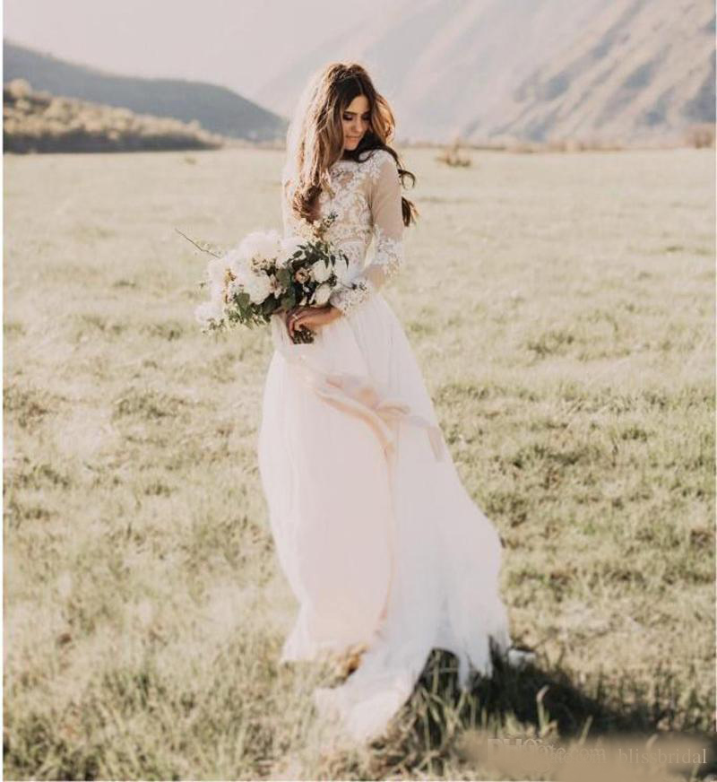 Bohemian Country Wedding Dresses With Sheer Long Sleeves Bateau Neck A Line Lace Applique Chiffon Boho Bridal Gown Cheap