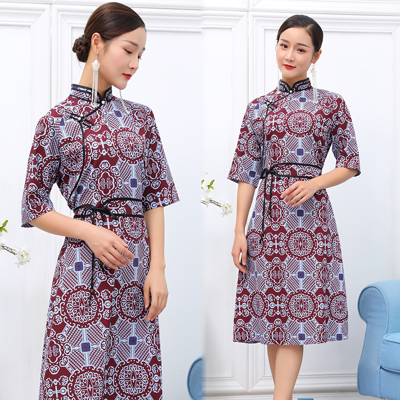 Elegant Traditional cheongsam Women mongolian Costume National dress half sleeve summer robe retro pattern ethnic clothing