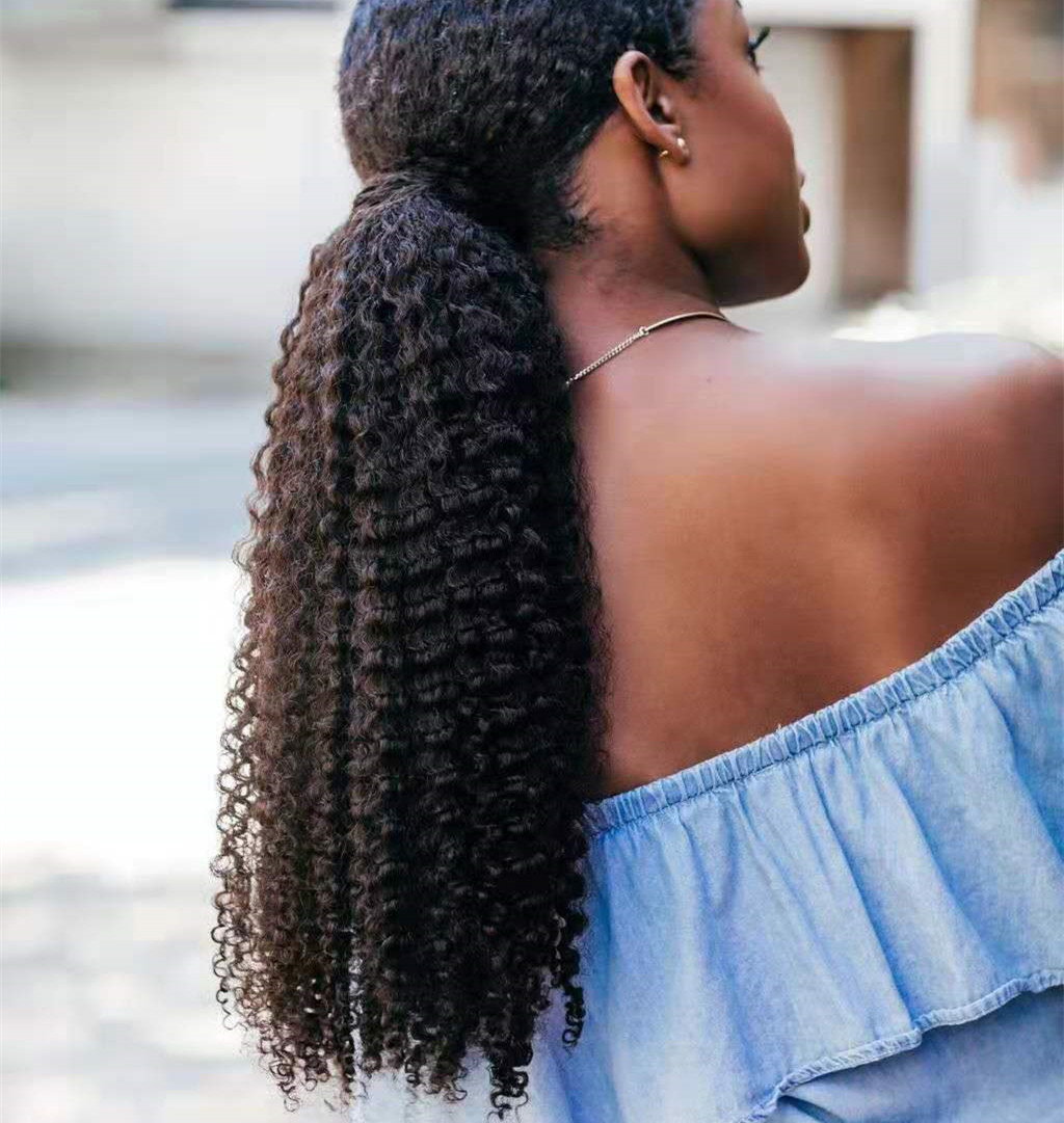 Black hair Kinky Curly Drawstring Ponytail Hair Extension ,African american long black hair kinky ponytail 140g