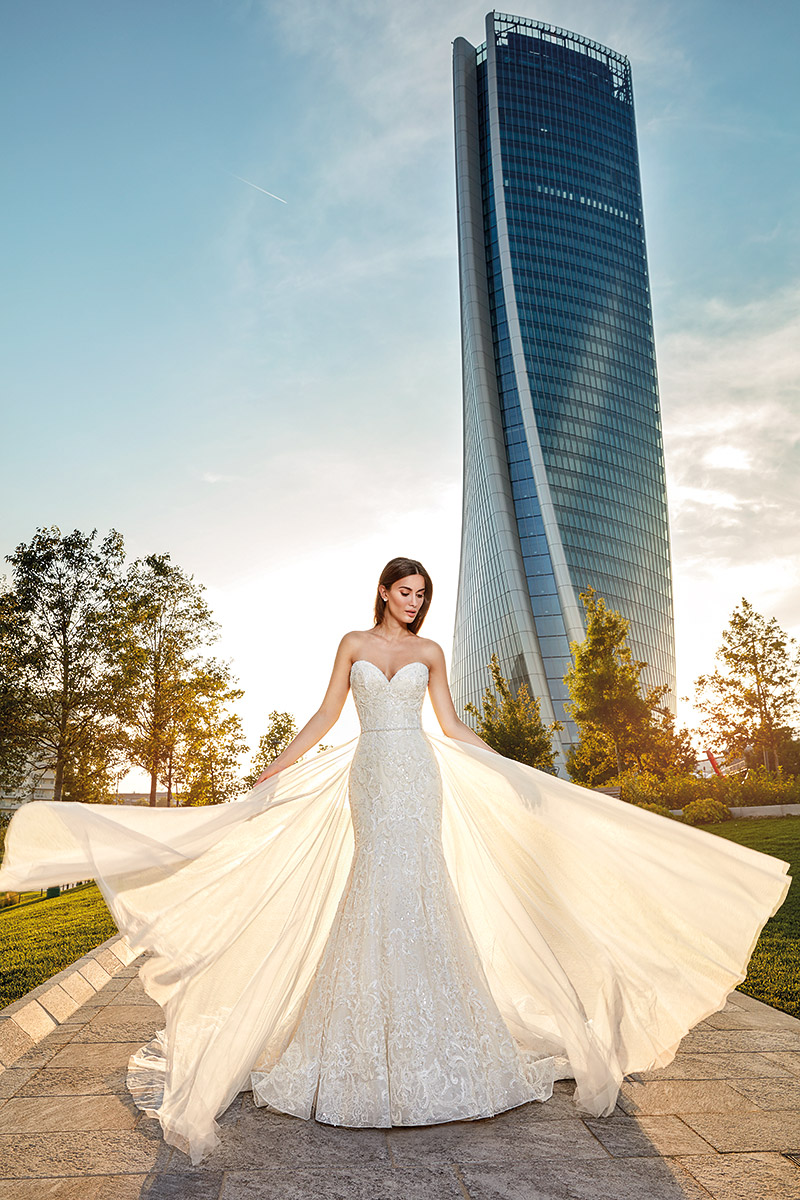 Eddy K 2019 Mermaid Wedding Dresses with Detachable Train Sweetheart Lace Applique Sequins Bridal Gowns Ruffles Backless Beach Wedding Dress