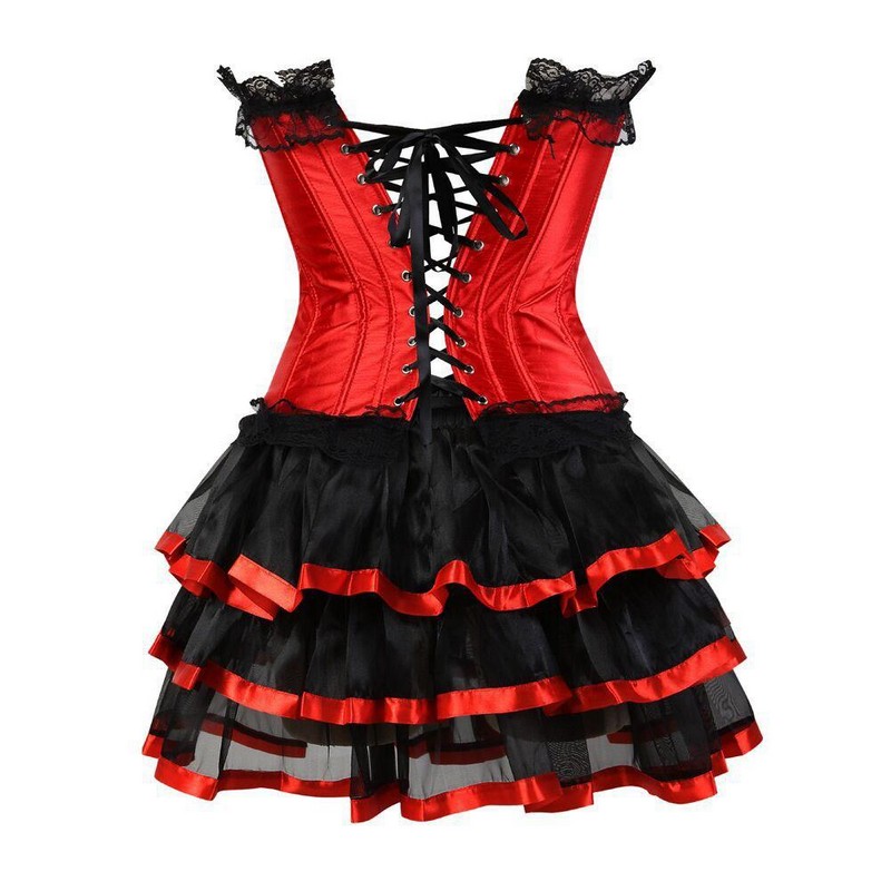 Women Burlesque Corset Skirt Set of Ruffle Lace Trim Overbust Corset with Tiered Mini Skirt Plus Size S-6XL Cosplay Costume Dress Outfit