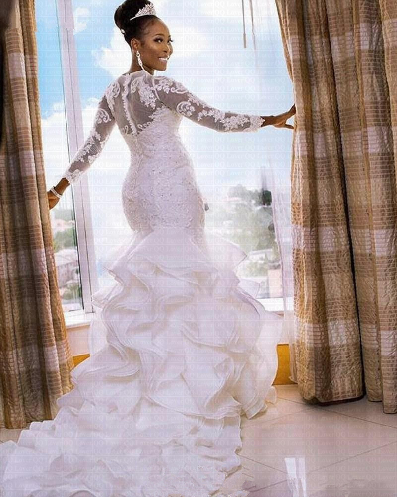 plus size african mermaid wedding dresses modern long sleeve lace cathedral ruffles train sheer neck bride wedding dress