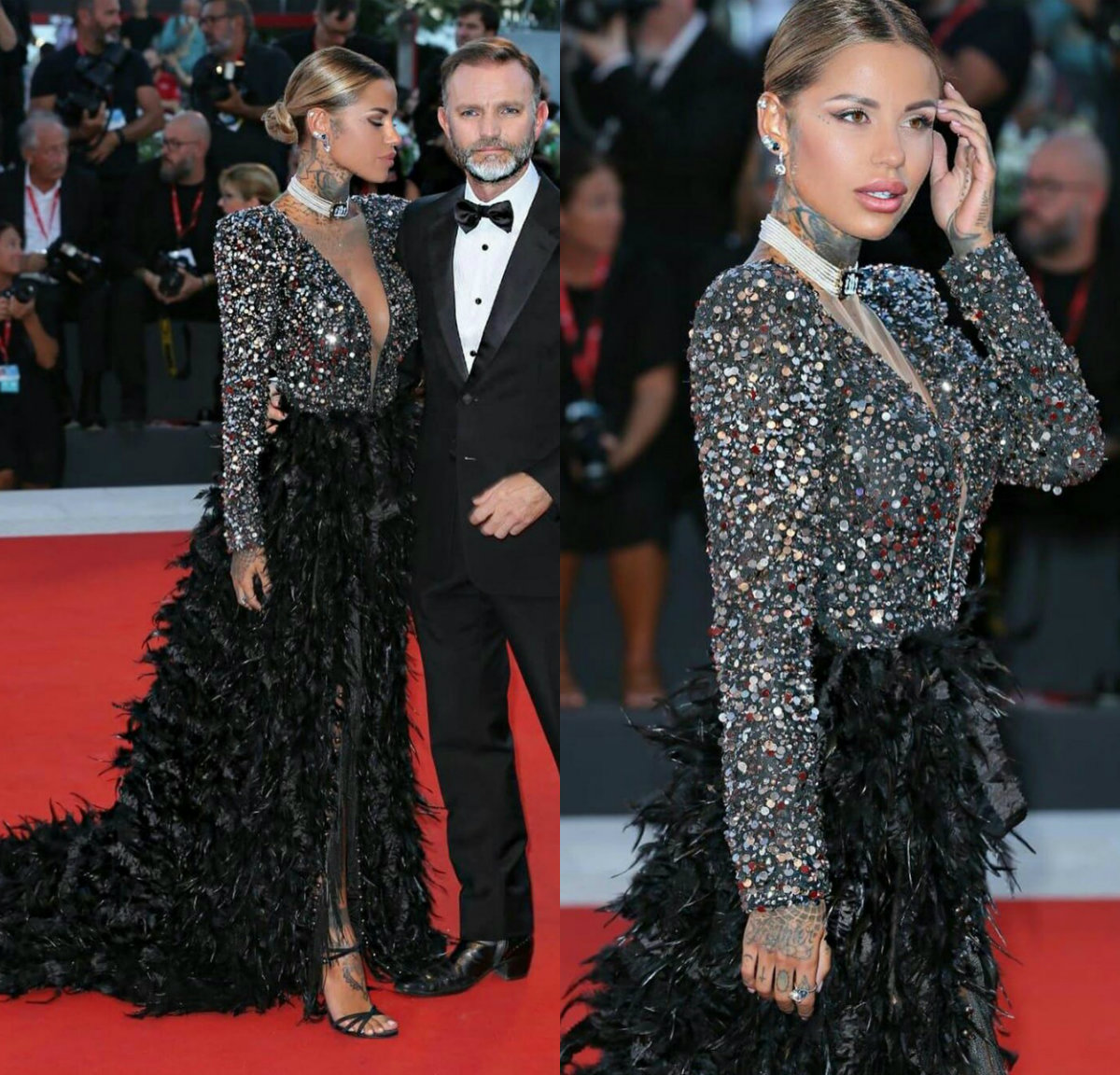 Glitter Evening Dresses Jewel Sheer Long Sleeve Sequins Feather Party Wear Cheap Sweep Train Custom Made Formal Women Gown Hot Sell