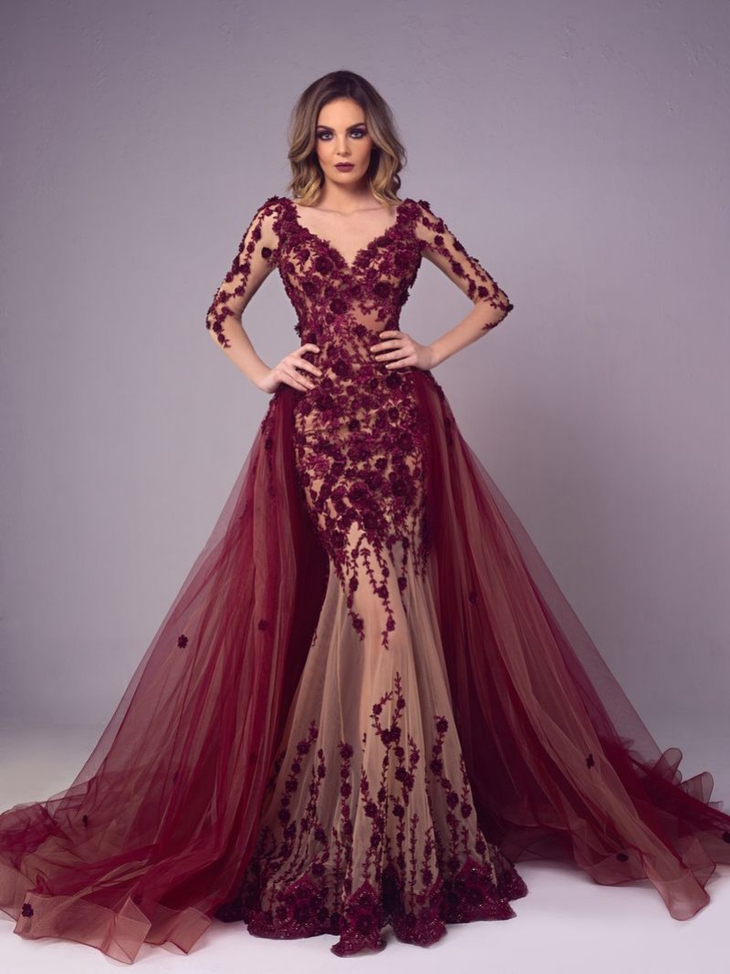 Elegant Long Sleeve Mermaid Evening Dresses with Detachable Train 3D Floral Appliques vestidos de gala Custom Made Prom Gowns