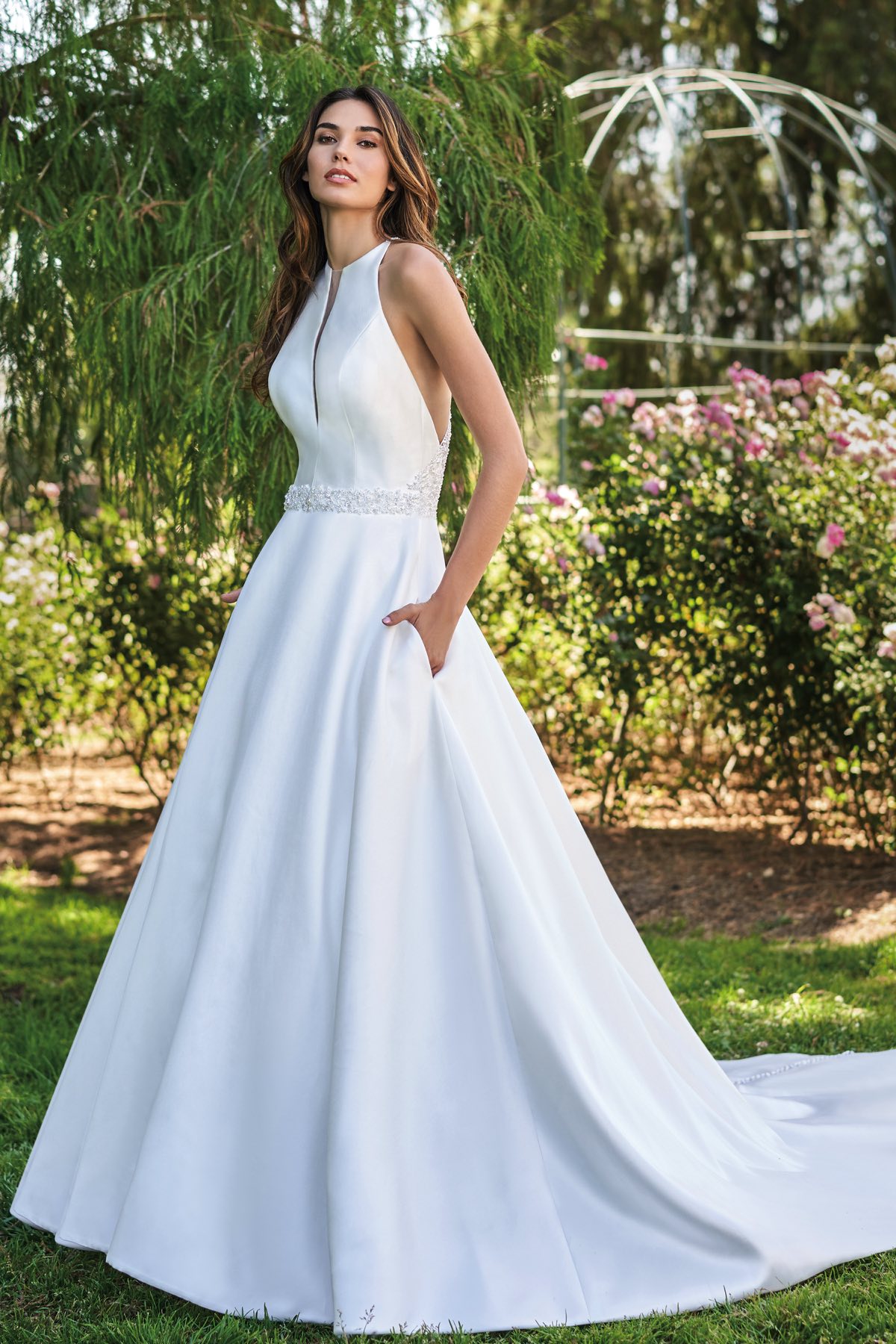 jasmine satin a line wedding dresses high neck sleeveless bridal gowns simply new fashion lace appliques backless wedding dress