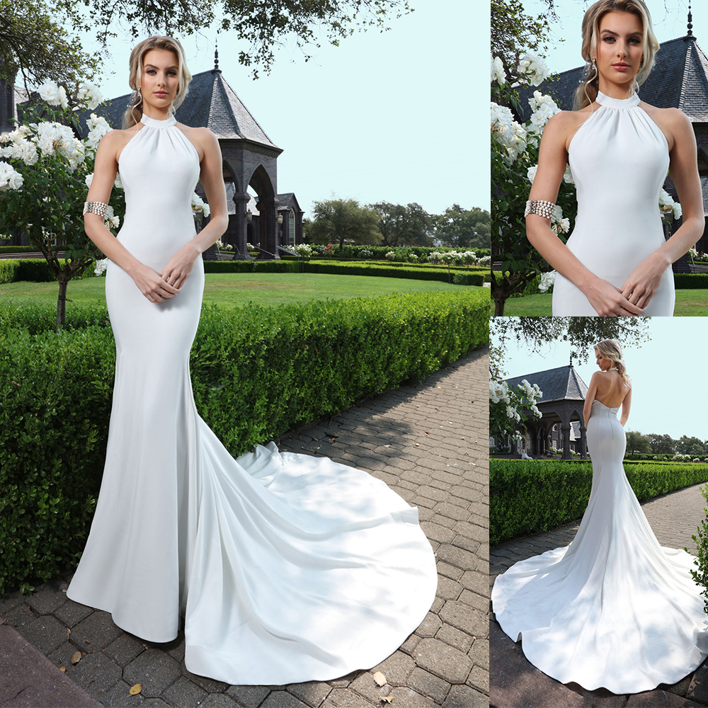 2020 Bohemian Mermaid Wedding Dresses Halter Neck Sleeveless Plain Bridal Gown Backless Sweep Train Custom Made Satin Vestidos De Novia, Dark navy
2020 Bohemian Mermaid Wedding Dresses Halter Neck Sleeveless Plain Bridal Gown Backless Sweep Train Custom Made Satin Vestidos De Novia, Dark navy