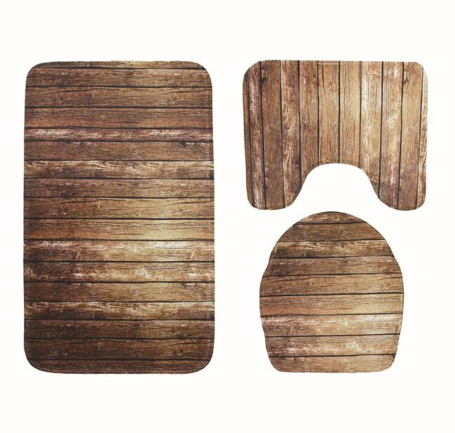 3D Wood Printed Toilet Cover Set Shower Bath Rugs Lid Toilet Cover + Toilet Mat Non Slip Water Absorption Rug
