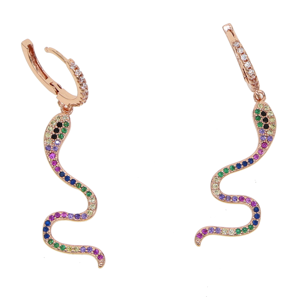 2018 hot fashion delicate rainbow cz wrap dangle snake shape cz bar earring Gold filled mix color CZ charm fashion women jewelry