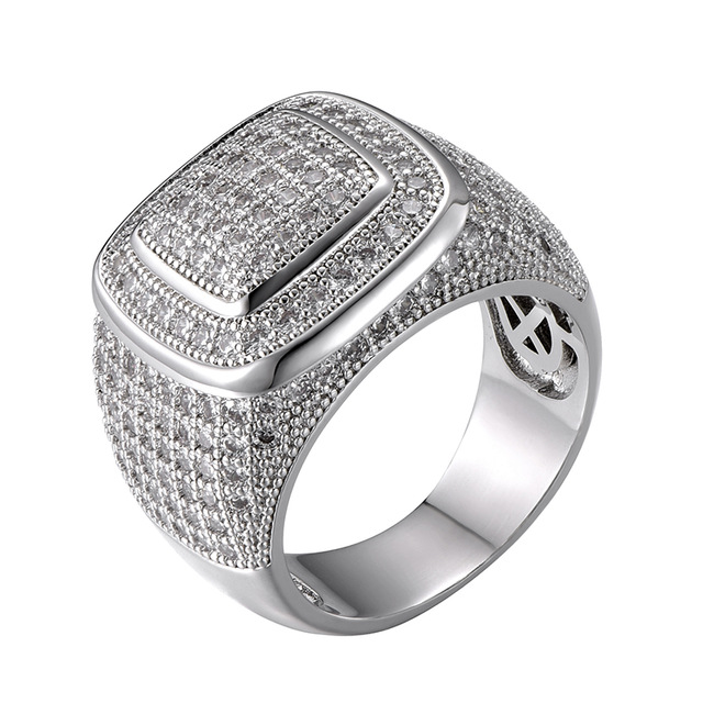 Hip Hop Iced Out Bling Full CZ Charm Tready Square Copper Zircon Ring For Men Women Jewelry Gold Silver Size 811