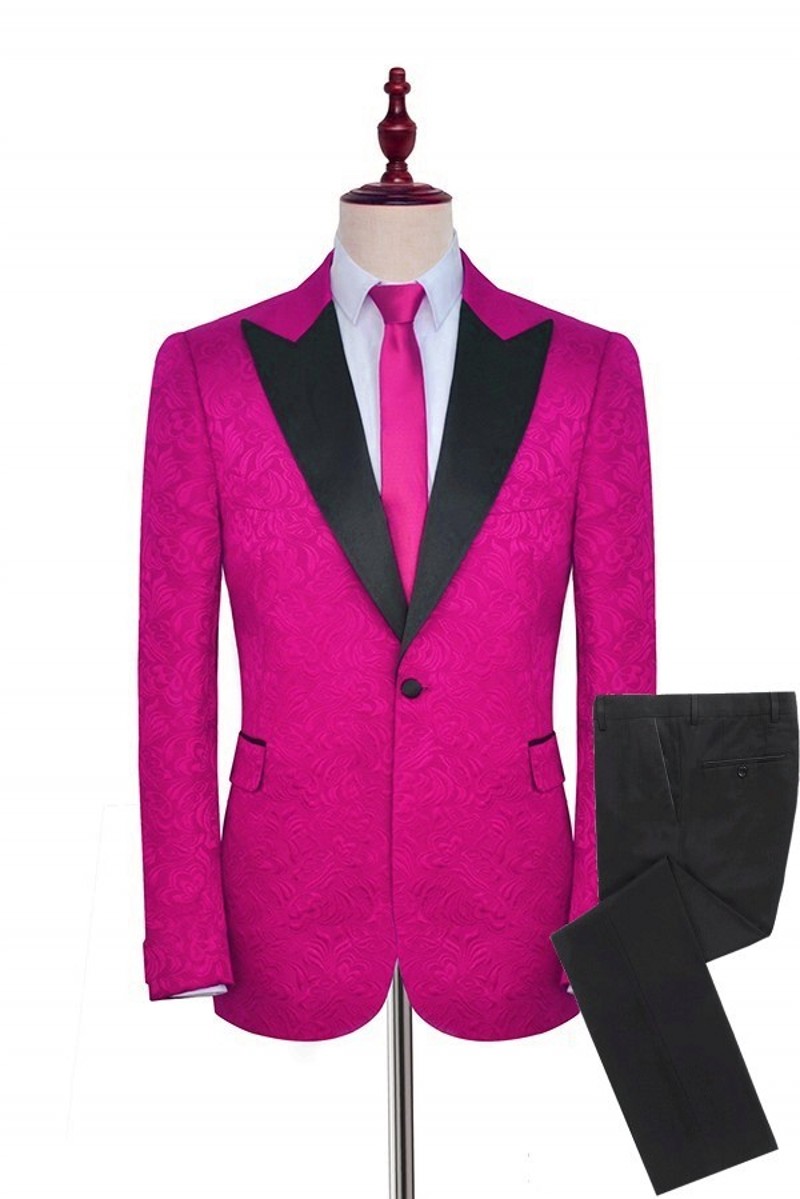 Custom Made Men Suits Hot Pink Pattern and Black Groom Tuxedos Peak Satin Lapel Groomsmen Wedding Best Man 2 Pieces ( Jacket+Pants+Tie )L499