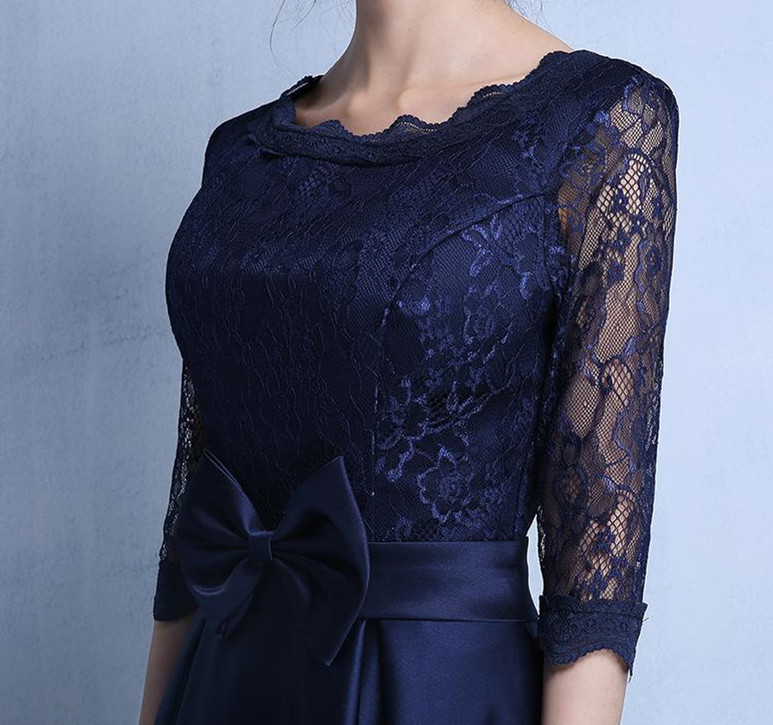 Elegant Satin With Lace Tea Length Mother Of The Bride Detachable Bow Wedding Party Half Sleeves Evening Dresses 138 0510