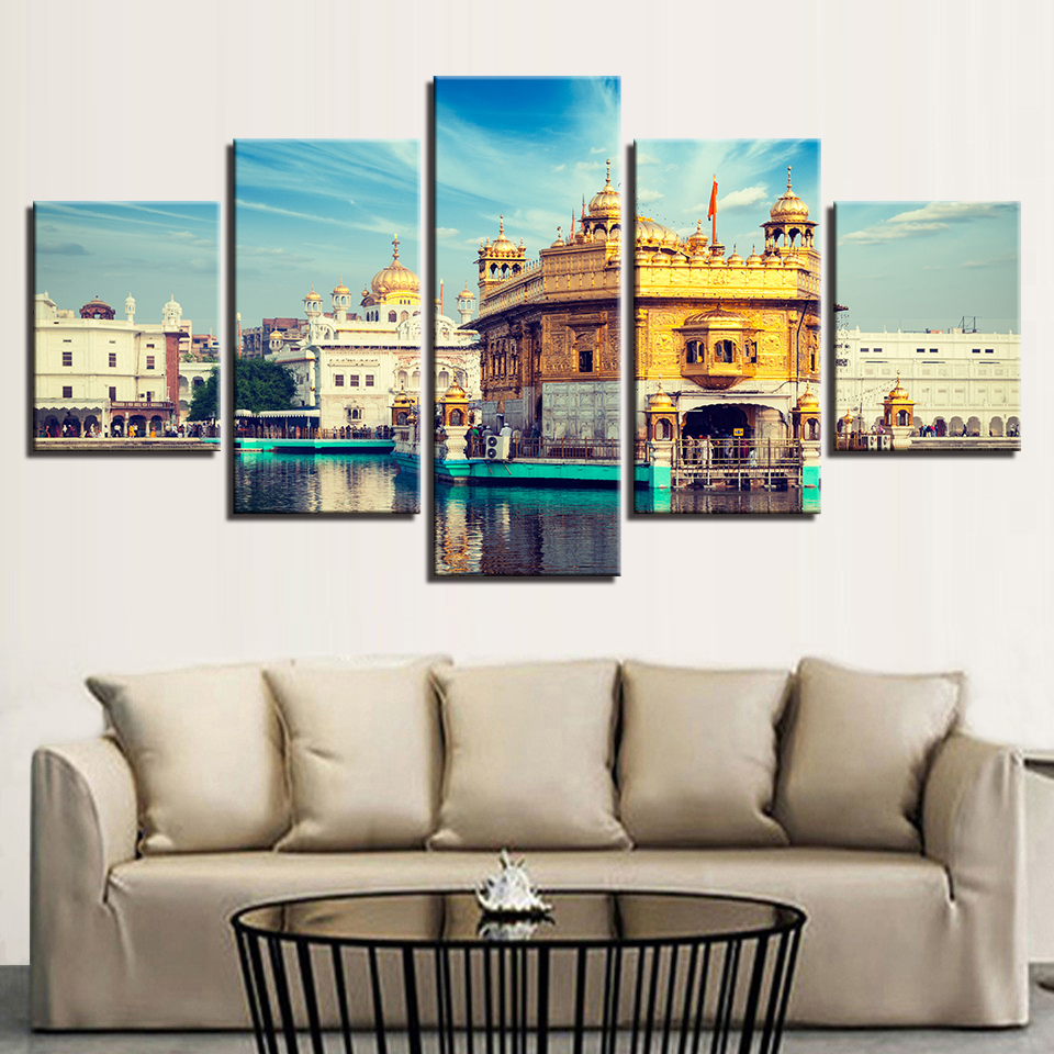 Canvas Posters Living Room HD Prints Pictures Home Decor 5 Pieces Blue Sky Golden Temple Landscape Paintings Wall Art No Frame