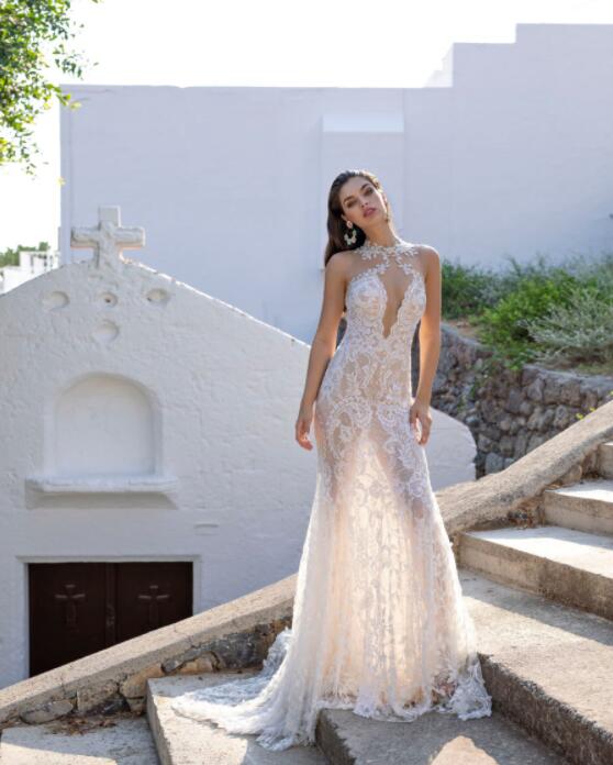 Lian Rokman Wedding Dresses Mermaid Lace Appliques Jewel Neck Trumpet Wedding Dress Sweep Train Backless Plus Size Robe De Mariee