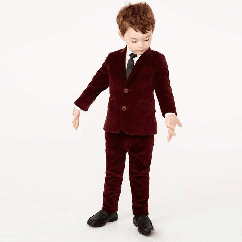 Two Pieces Burgundy Boy's Formal Wear Two Buttons Notched Lapel Kid's Suit for Wedding Tailor Made Child Corduroy (Blazer and Pant)