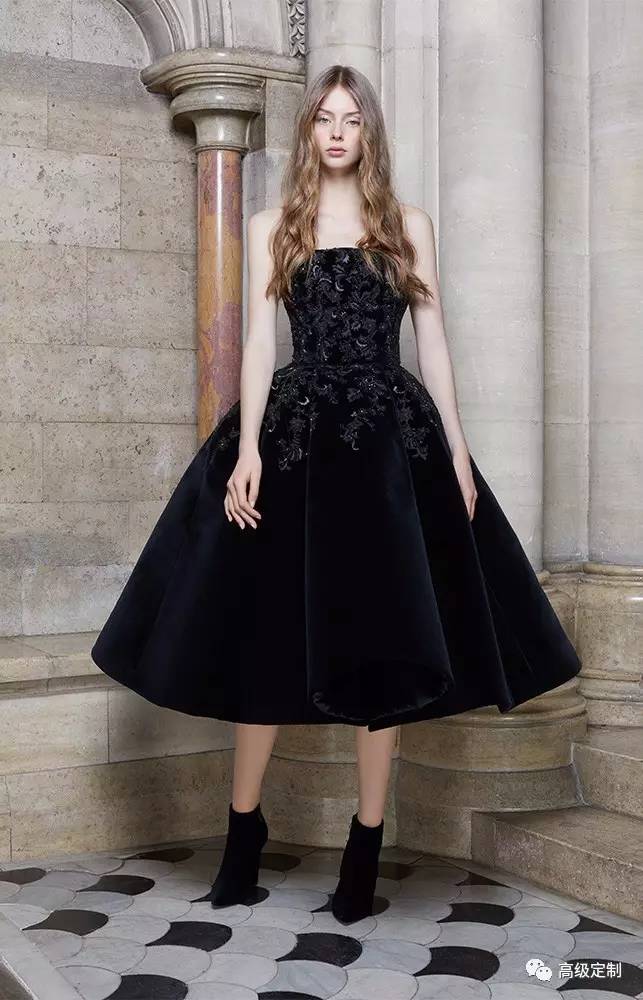 Elie Saab Black Evening Dresses Strapless A Line Lace Appliqued Custom Made Tea Length Cocktail Dress Velvet Formal Prom Gowns