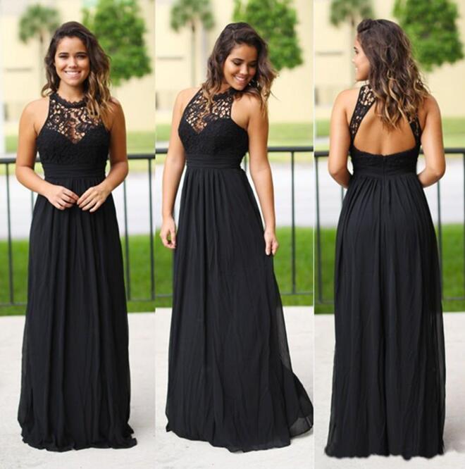 2020 Sexy Long Black Bridesmaids Dresses Chiffon Halter Neck Cheap Lace Country Bridesmaid Dress Wedding Party Gowns free shipping
