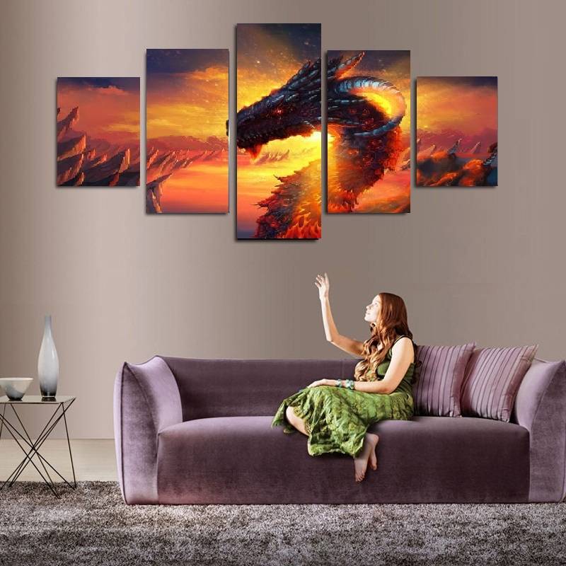 5pcs/set Shiny Dragon Wall Art Oil Painting On Canvas (No Frame) Animal Impressionist Paintings Picture Living Room Decor