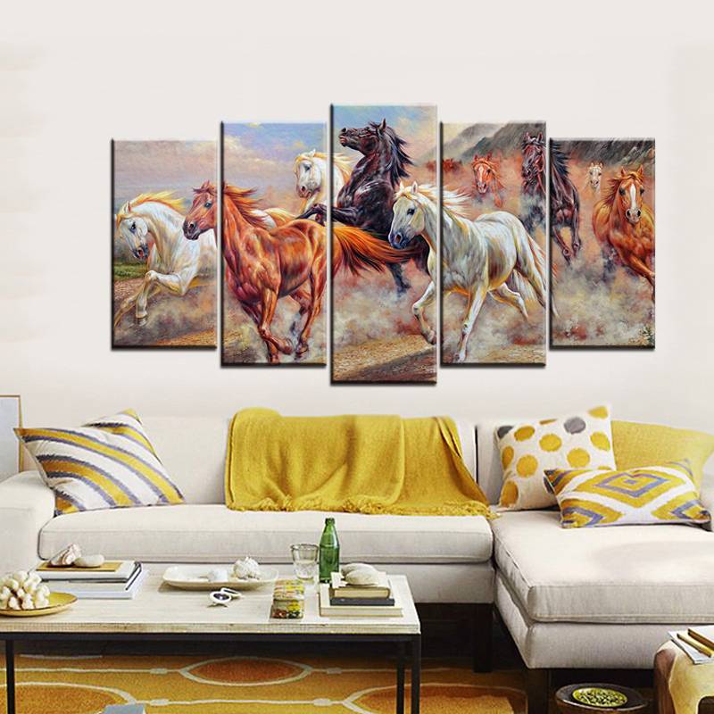 5pcs/set Wall Art Painting Picture HD Print Running Horses Oil painting Style Unframed Canvas For Hall Decor Home Decoration