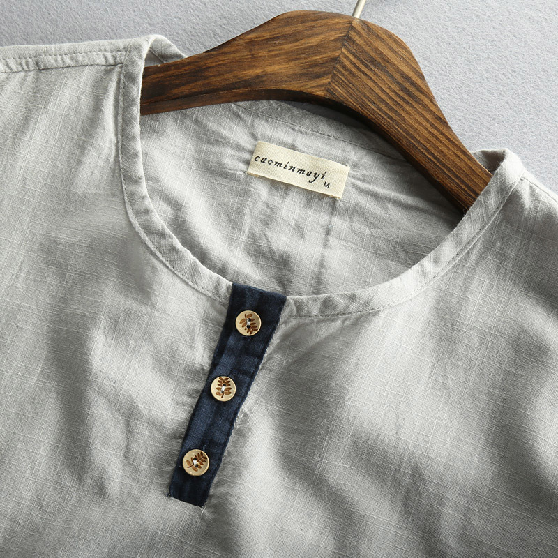 Schinteon Men Casual Cotton Linen Shirt Pullover Summer Thin Short Sleeve ONeck Collar Comfortable New Chinese Style