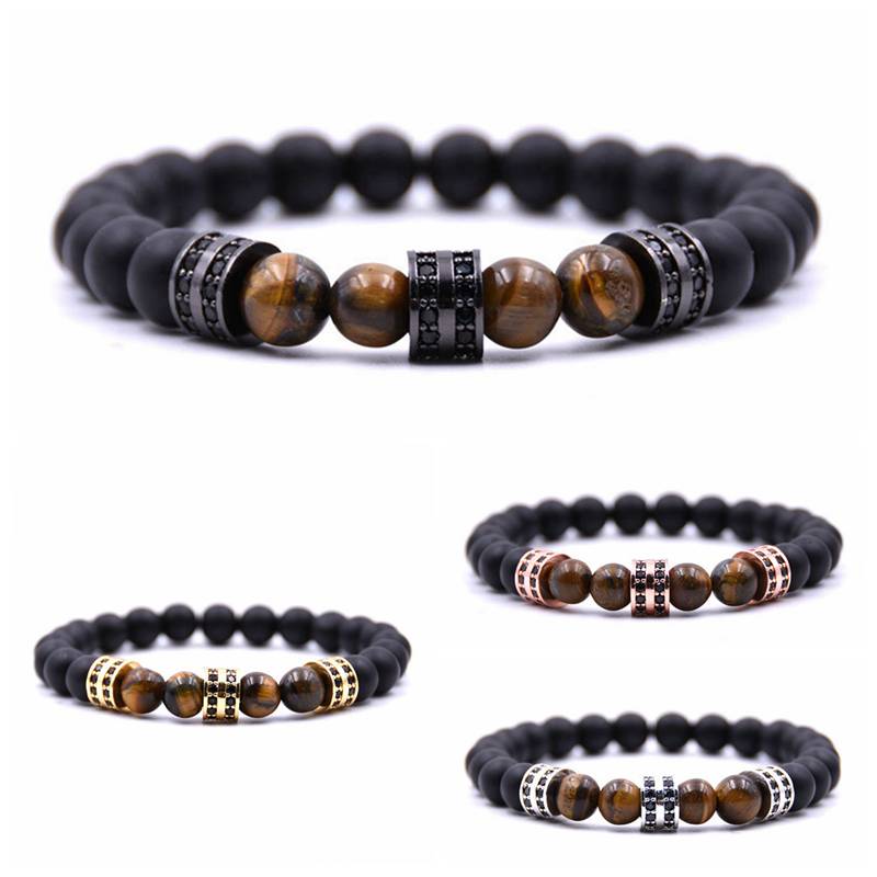 Men's and women's 8mm matte black agate silver micro-inlaid cylindrical spacer bracelet natural stone yoga bracelet bracelet