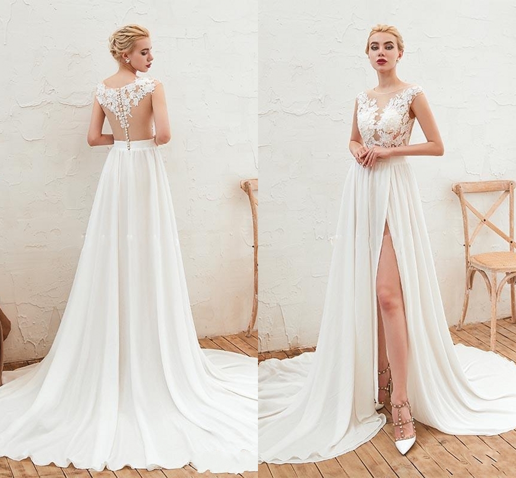 Modest Lace Chiffon Wedding Dresses 2020 With High Split Sleeveless Appliques Buttons Back Illusion Country Bridal Gowns vestidos de noiva