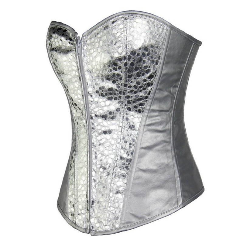 Women Plus Size S-6XL Fashion PVC Leather Padded Overbust Bustier Zipper Dance Corset Top with Polka Dots Details Gold Silver Free Drop Ship