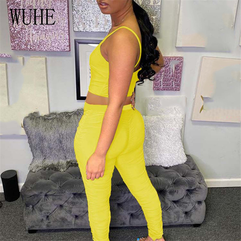 WUHE Women Two Piece Stacked Leggings Jumpsuit Summer Sexy Fitness Spaghetti Strap Backless Ruched Sweatpants Bodycon Rompers