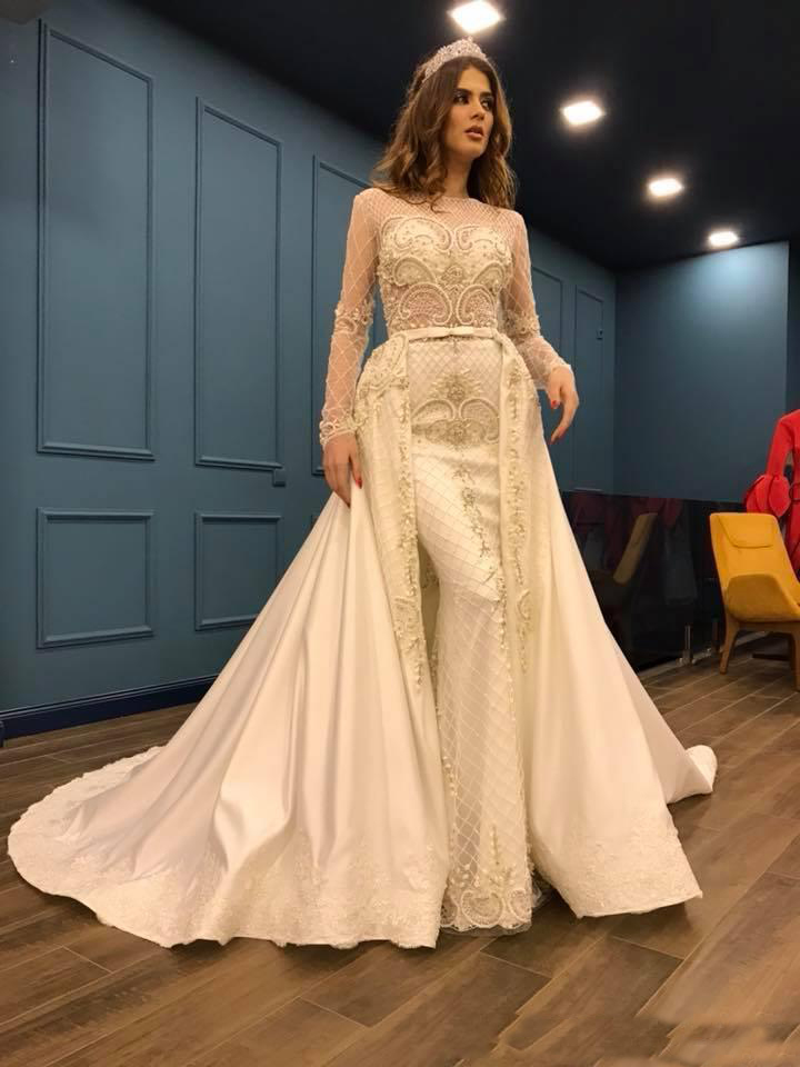 Luxurious Beaded Pearls Mermaid Wedding Dresses With Detachable Train Long Sleeves African Lace Bridal Gowns Wedding Party Vestidos Custom