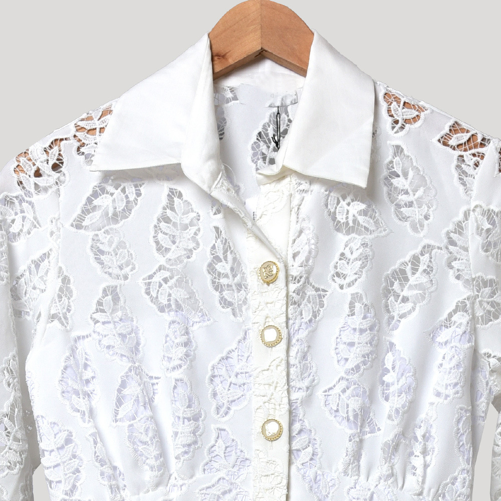 2020 Spring Summer 4/5 Sleeve Lapel Neck White Floral Print Embroidery Buttons Mid-Calf Dress Women Fashion Dresses W1815068