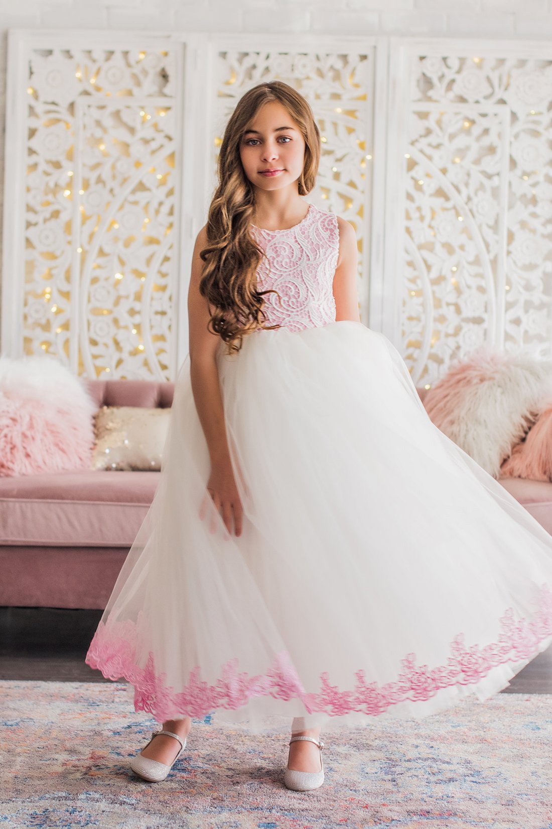 Lovely Armoniia Ball Gown Flower Girl Jewel Neck Sleeveless Tulle Lace Applique Ruched Wedding Dress Ankle Length Girl's Birthday Part 0431