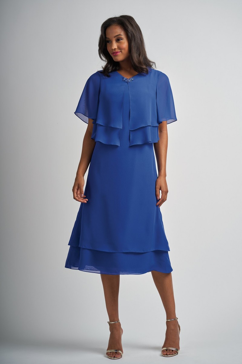 Blue A Line Jasmine Mother of The Bride Dress Jewel Neck Short Sleeve Chiffon Tiers Wedding Guest Dresss Knee Length Evening Gown