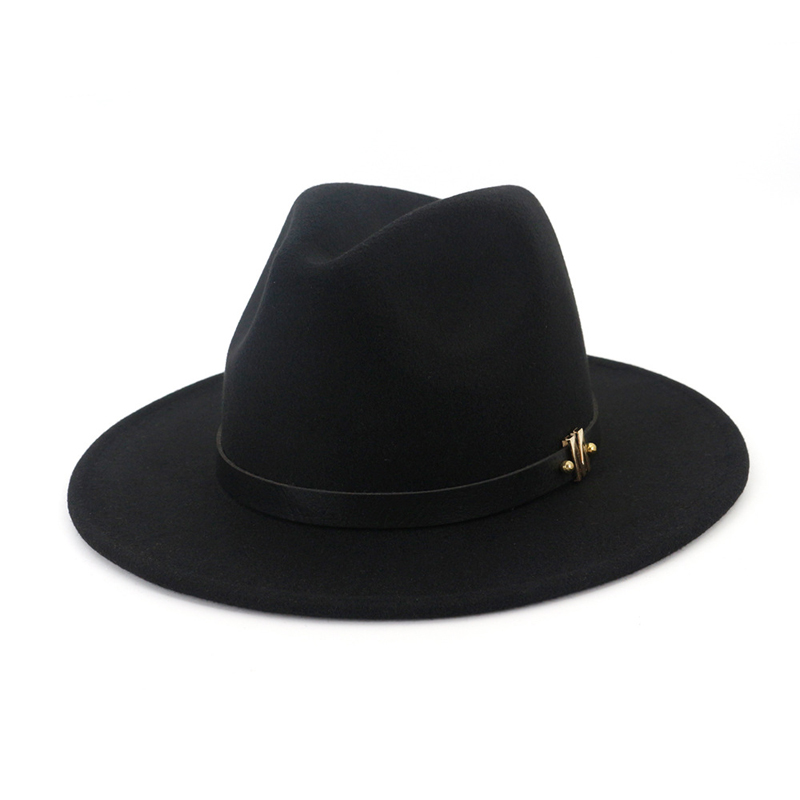 Unisexe Plain teint m lettre en cuir décoré trilby chapeau jazz laine en feutre Fedora Chapeaux Men Femmes Flat Brim Panama Gambler CAP