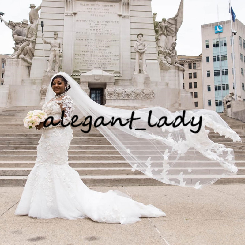 Plus Size Luxury Mermaid Wedding Dresses 2020 Lace Crystal African Arabic Long Sleeve 3D Floral Chapel Train Castle Wedding Gown