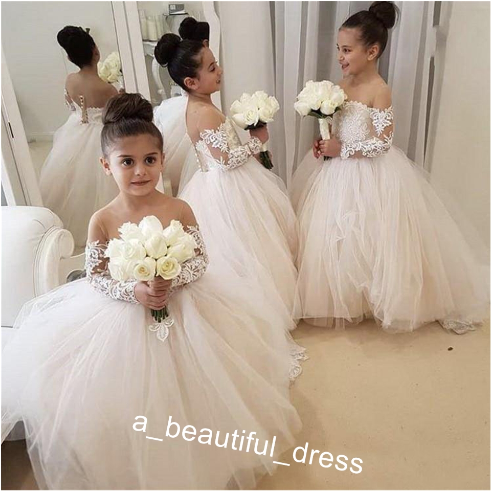 Lace Flower Girl Dresses for Weddings Jewel Neckline Long Sleeves Custom Made Girls Pageant Gowns A-line Kid Birthday Party Dress FG1251