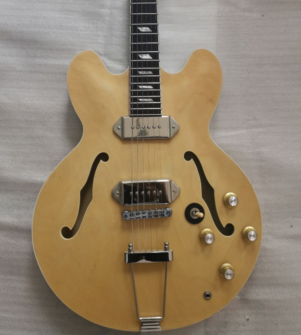 Custom John Lennon Revolution Casino Natural ES Semi Hollow Body Electric Guitar Double F Hole, Metal P90 Pickups, Metal Trapeze Tailpiece