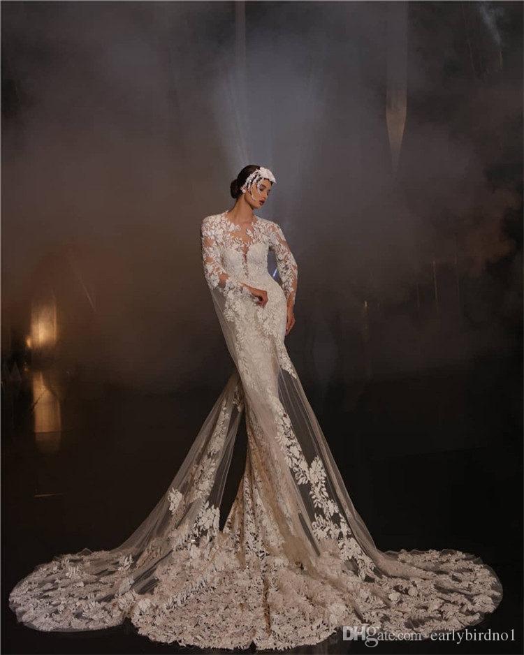 2020 Vintage Mermaid Wedding Dresses Jewel Neck Appliqued Lace Sweep Train Long Sleeve Bridal Gowns Custom Made Boho Vestidos De Novia