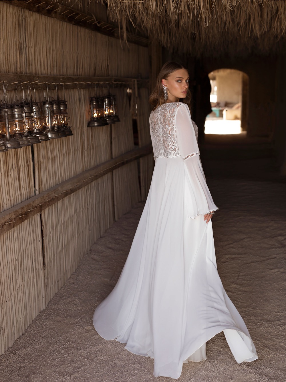Amazing Lace Each Wedding Dree Deep V Neck Long Sleeve Jacket Ridal Gown Chiffon Or Length Side Split Robe