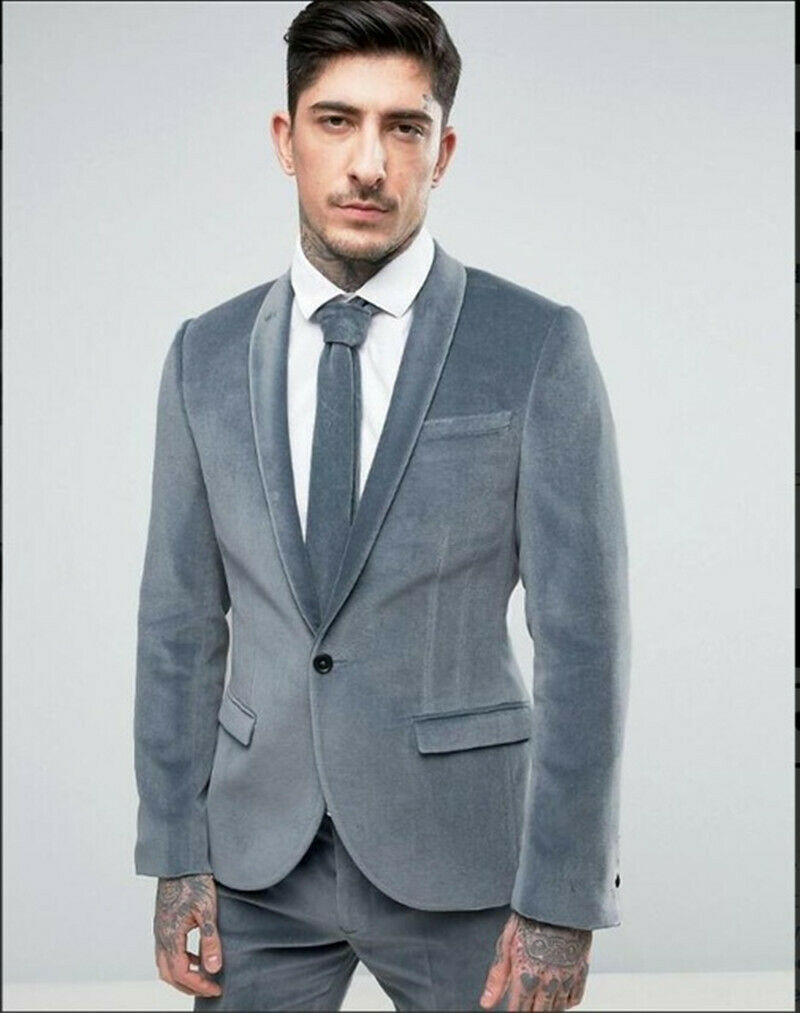 Velvet Grey Men's Suit Tuxedos Slim Fit Notched Lapel Formal Groom Wear Prom Dinner Leisure Blazer 2 Pieces(Jacket+Pants)