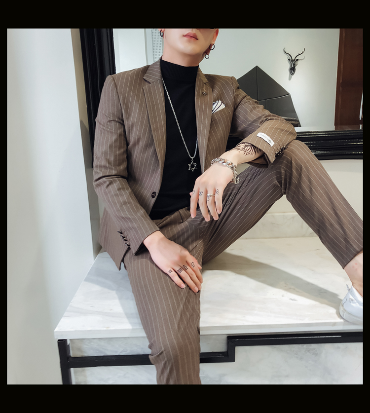 Young Fashion Men Wedding Tuxedos Stripe Slim Fit Pants Suits Two Pieces (Jacket+Pants) Peaked Lapel Custom Made Blazer