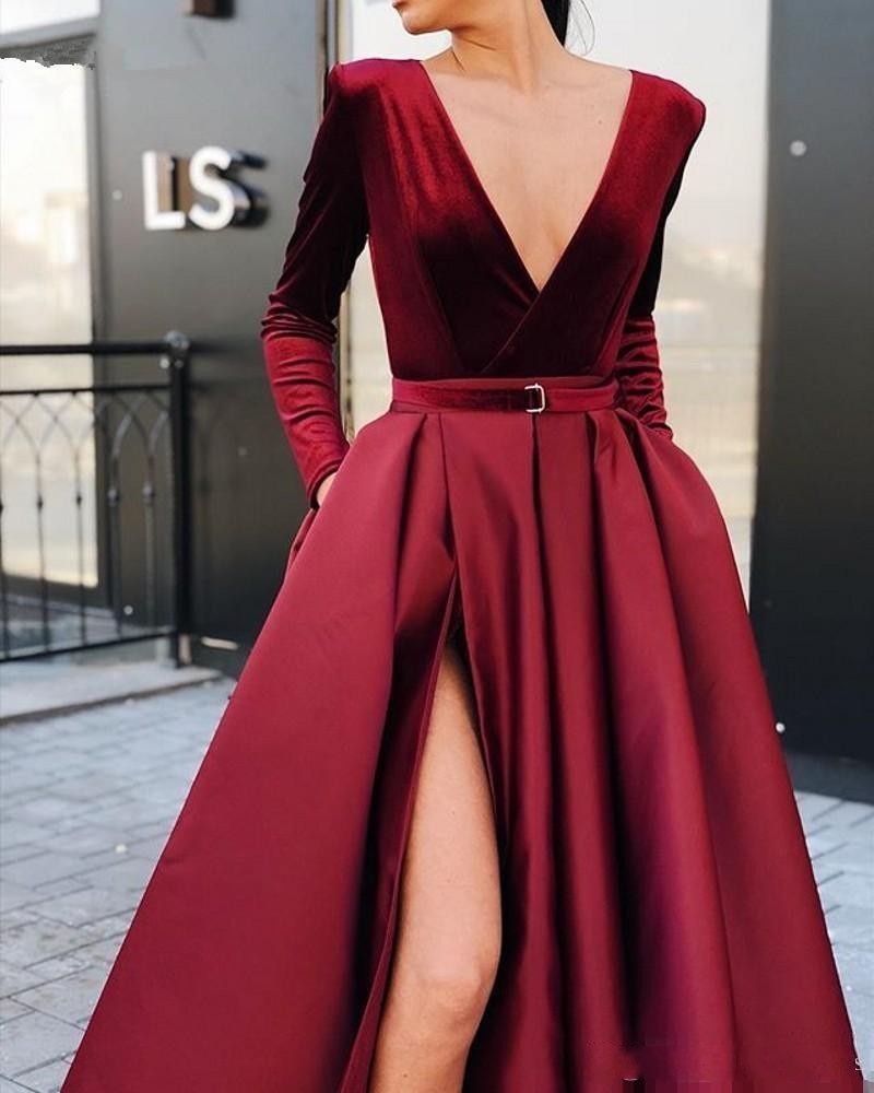 2020 Sexy Deep V Neck Velvet Evening Dresses Wear Long Sleeves Burgundy Red Black High Split Floor Length Party Quinceanera Formal Prom Gown