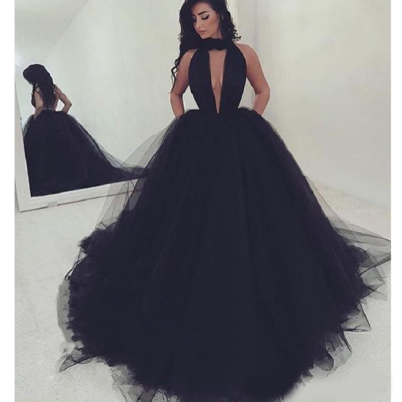 2020 Sexy V-neck Backless Prom Dresses New Black Long Formal Dress Evening Wear Puffy Tulle Women Cocktail Party Gowns Custom Made
