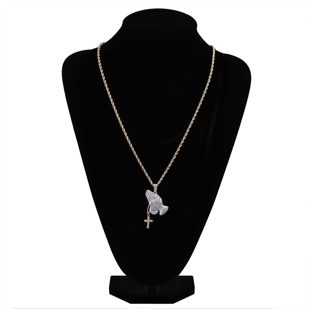 Vintage 18K Gold Plated Christian Cross Prayer Gestures Pendant Necklace Twist Chain Iced Out CZ Zirconia Jewelry Gifts for Men and Women