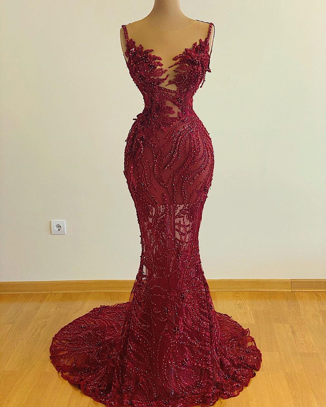 aso ebi arabic burgundy luxurious mermaid evening dresses lace beaded prom dresses sheer neck formal party second reception gonws zj436
