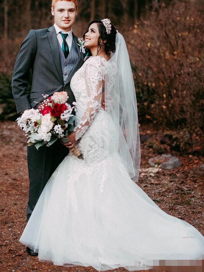 Long Sleeves Mermaid Dresses Lace Applique Illuions Covered Buttons Back Tulle Sheer Neck Sweep Train Plus Size Country Wedding Gown