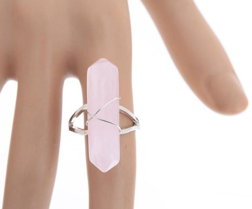 NEW Hexagonal Prism Rings Gemstone Rock Natural Crystal Quartz Healing Point Chakra Stone Charms Opening Rings for Women Men Wholesale